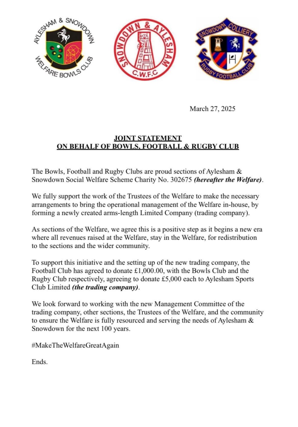 Progress at Aylesham & Snowdown&nbsp;Welfare